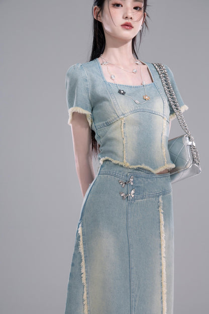 Cold Slit Blue Skirt Set-Up