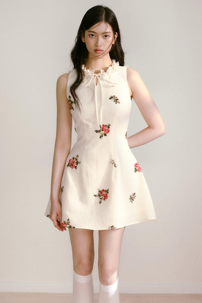 Floral Beige Sleeveless Summer Dress