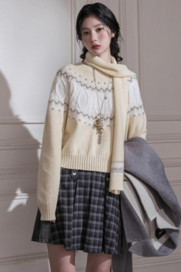Jacquard Wool Sweater With Scarf Set