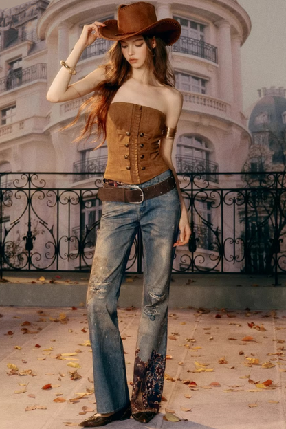 Vintage Pattern Flared Denim Pants
