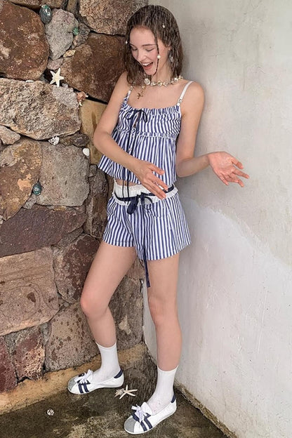 Blue Striped Ruffle A-Line Shorts Set-Up