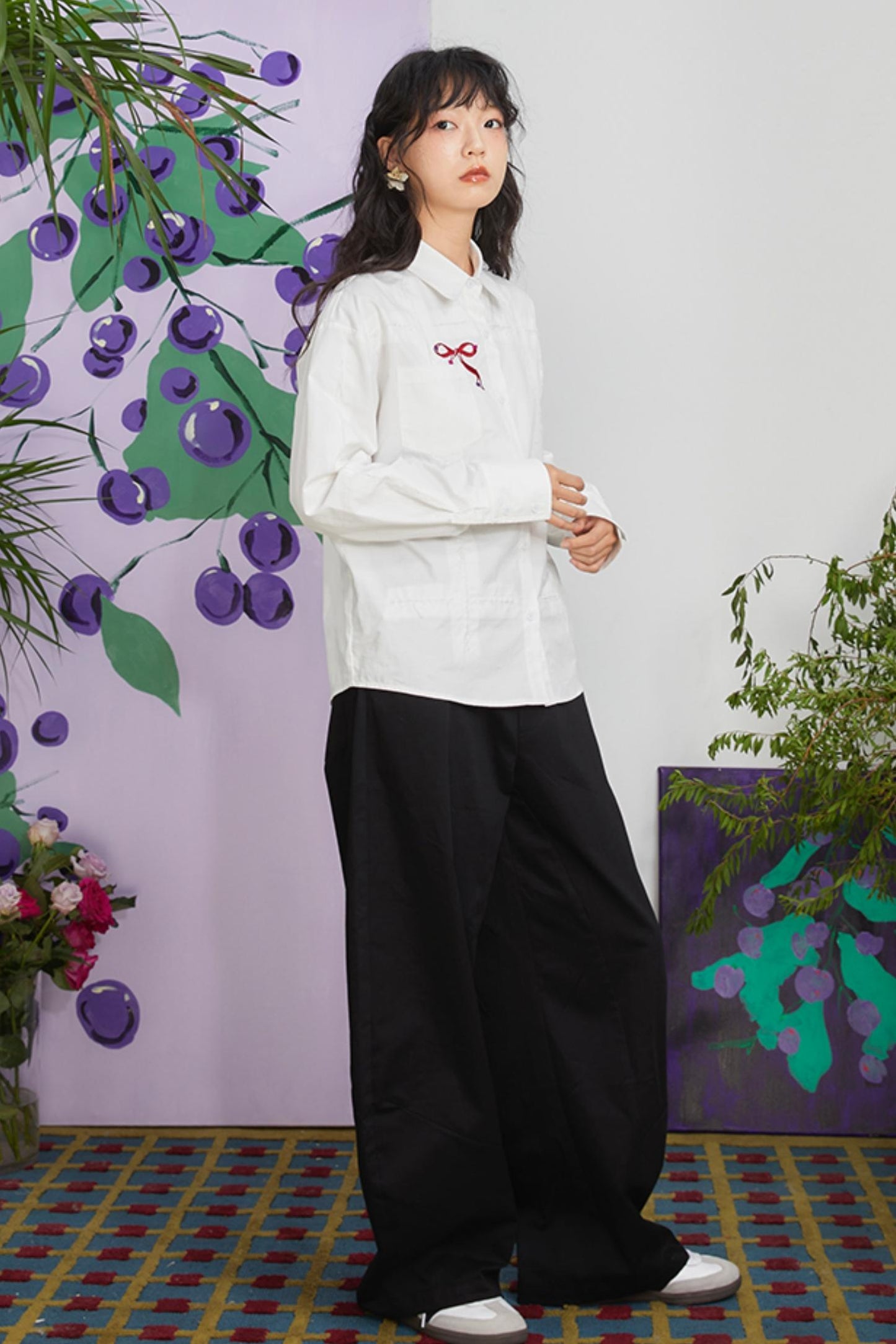 Retro Cherry Blossom Embroidered Pants