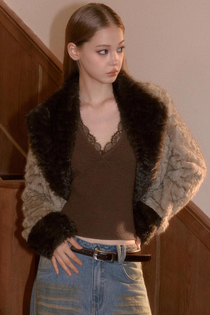 Two-Tone Patchwork Furry Coat