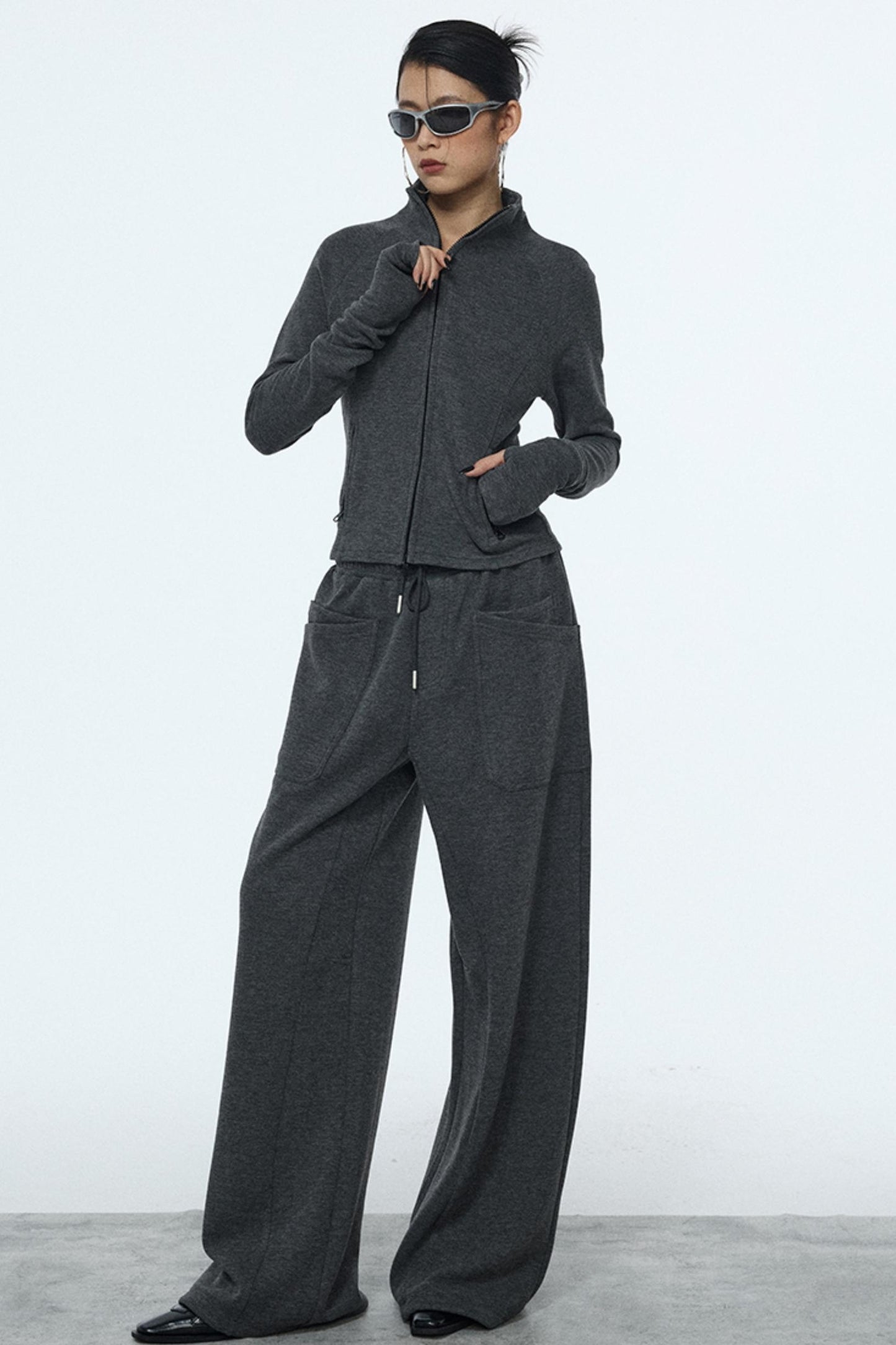 Gray Zipper Slim-Fit Top & Pants Set-Up