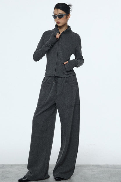 Gray Zipper Slim-Fit Top & Pants Set-Up