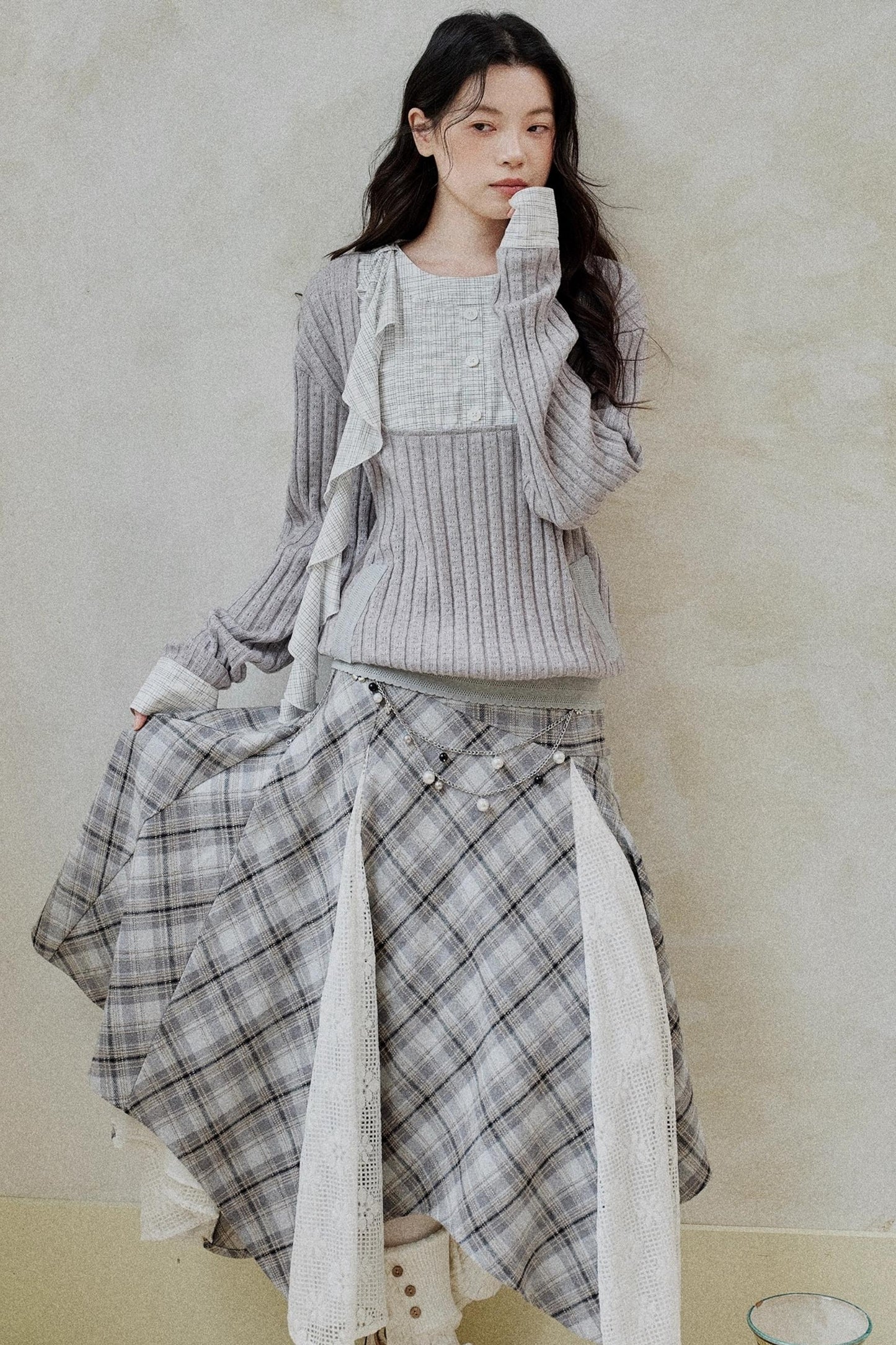 Gray-Brown Two-Tone Plaid Irregular Skirt