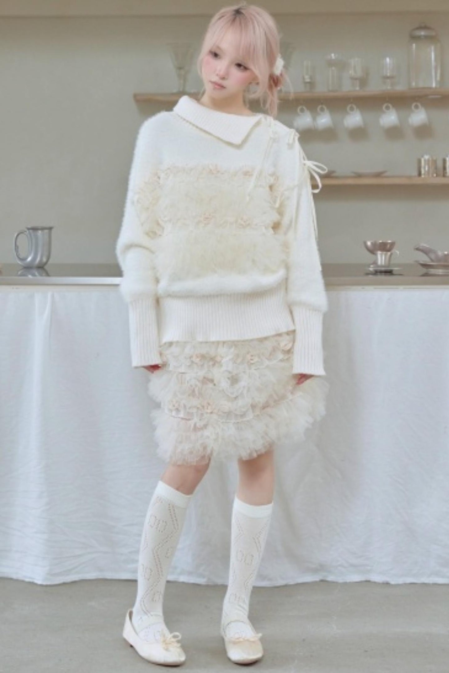 Beige Pleated Mink Velvet Sweater