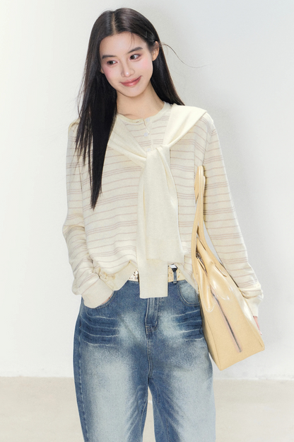 Striped Knit Shawl Sweater