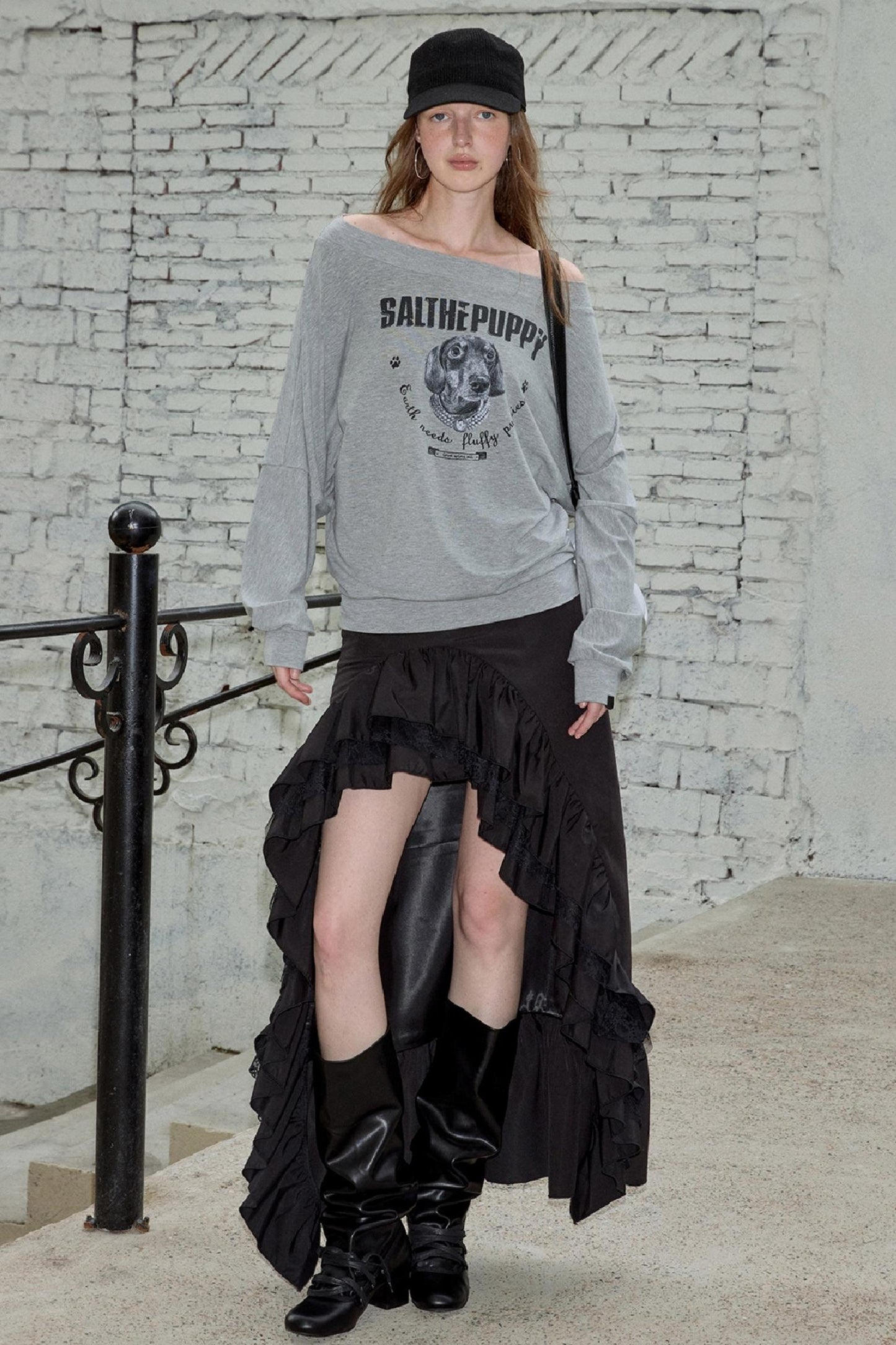 Puppy Print Slanted Shoulder T-Shirt