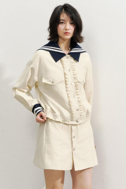 Beige Navy Collar Jacket Set-Up