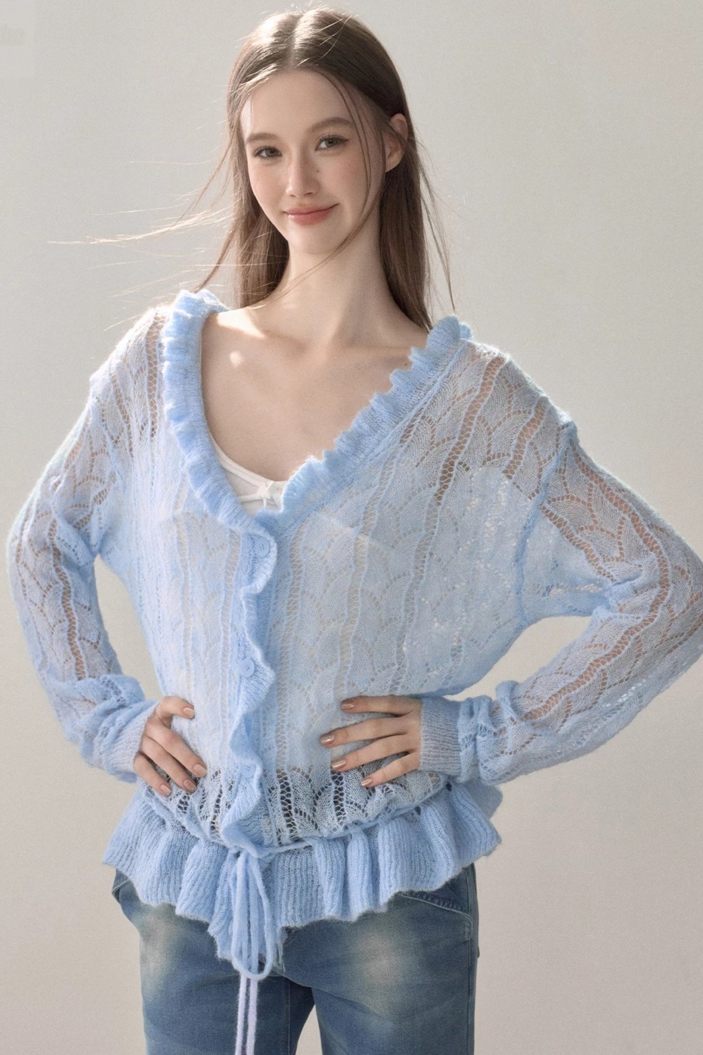 Knit Ruffled Cut Out Blouse