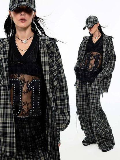 Gradient Plaid Pattern Wide Leg Cargo Pants