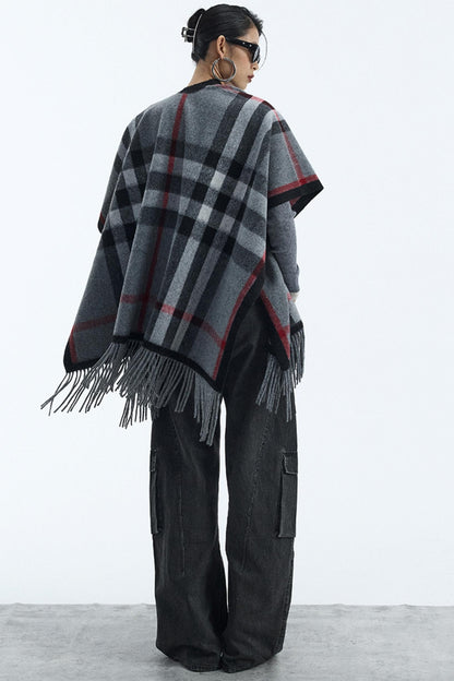 Wool Blend Plaid Cape Cardigan