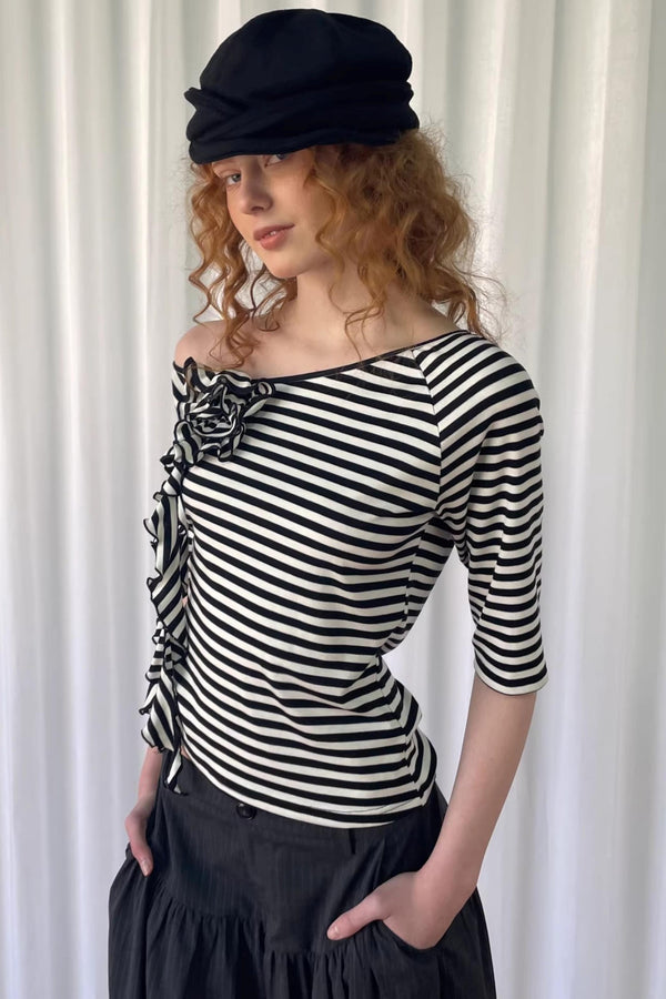 Striped 3D Floral Knit Top