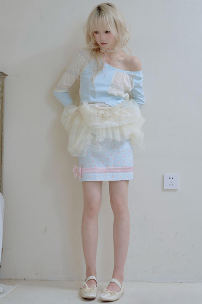 Beige Lace Blue Knit Crew Neck Long Sleeve Top