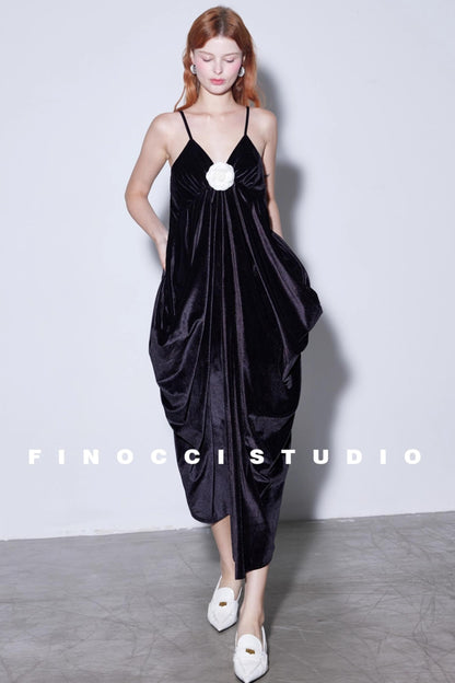 Custom Camellia Silk Velvet Slip Dress