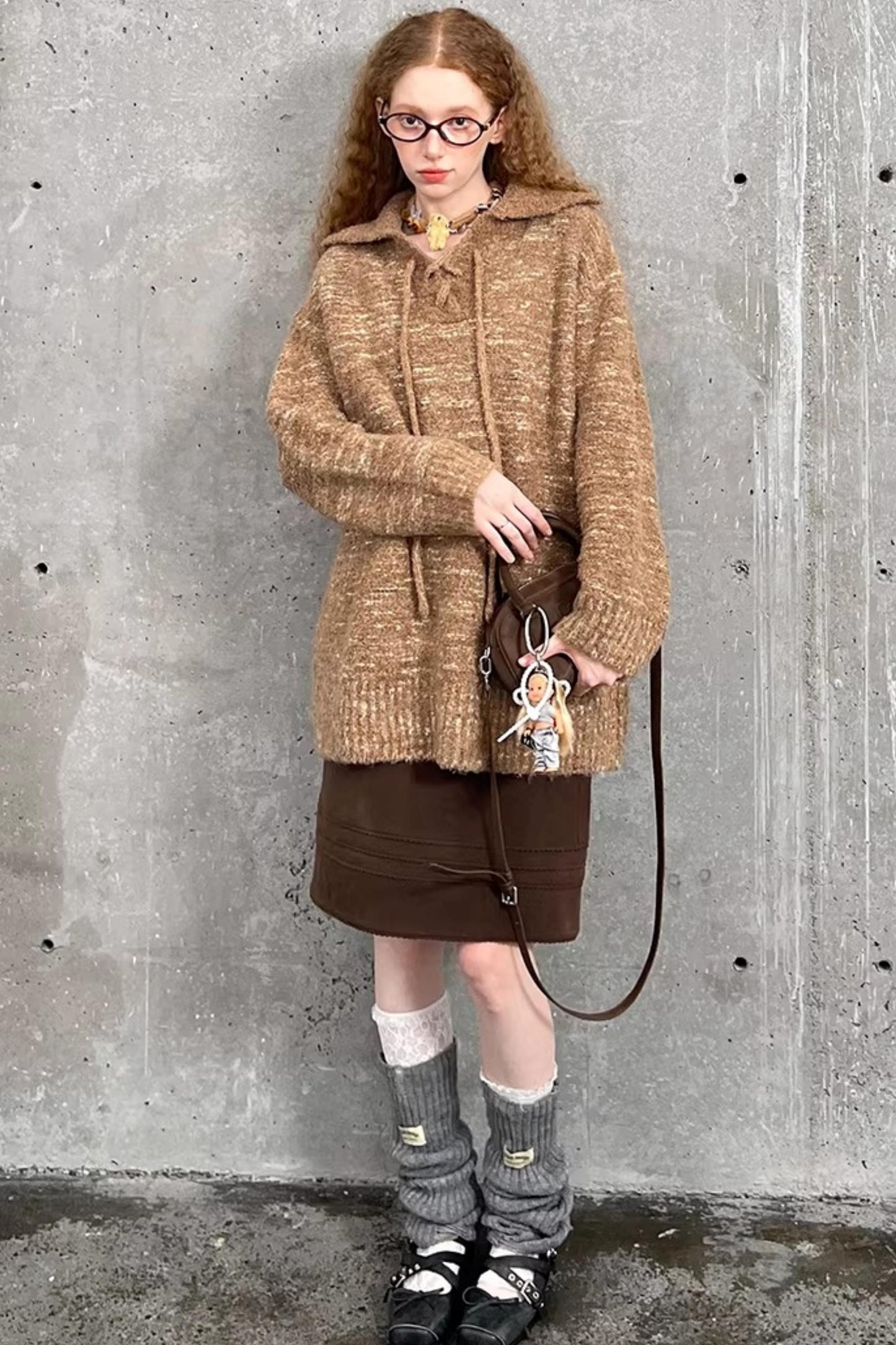 Lace-Up Collar Sweater Set-Up