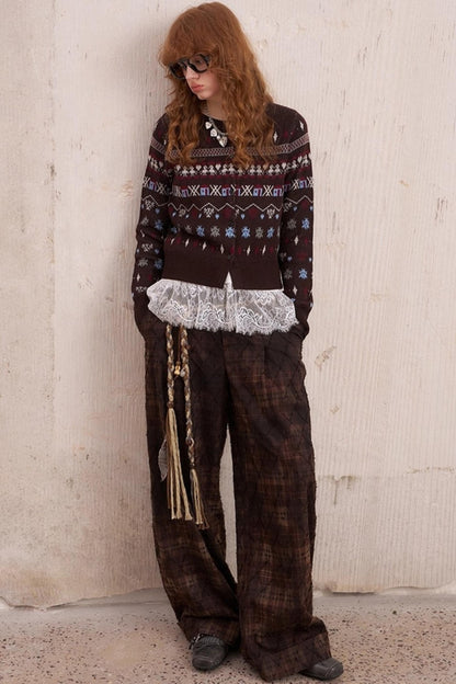 Textured Loose Plaid Trousers