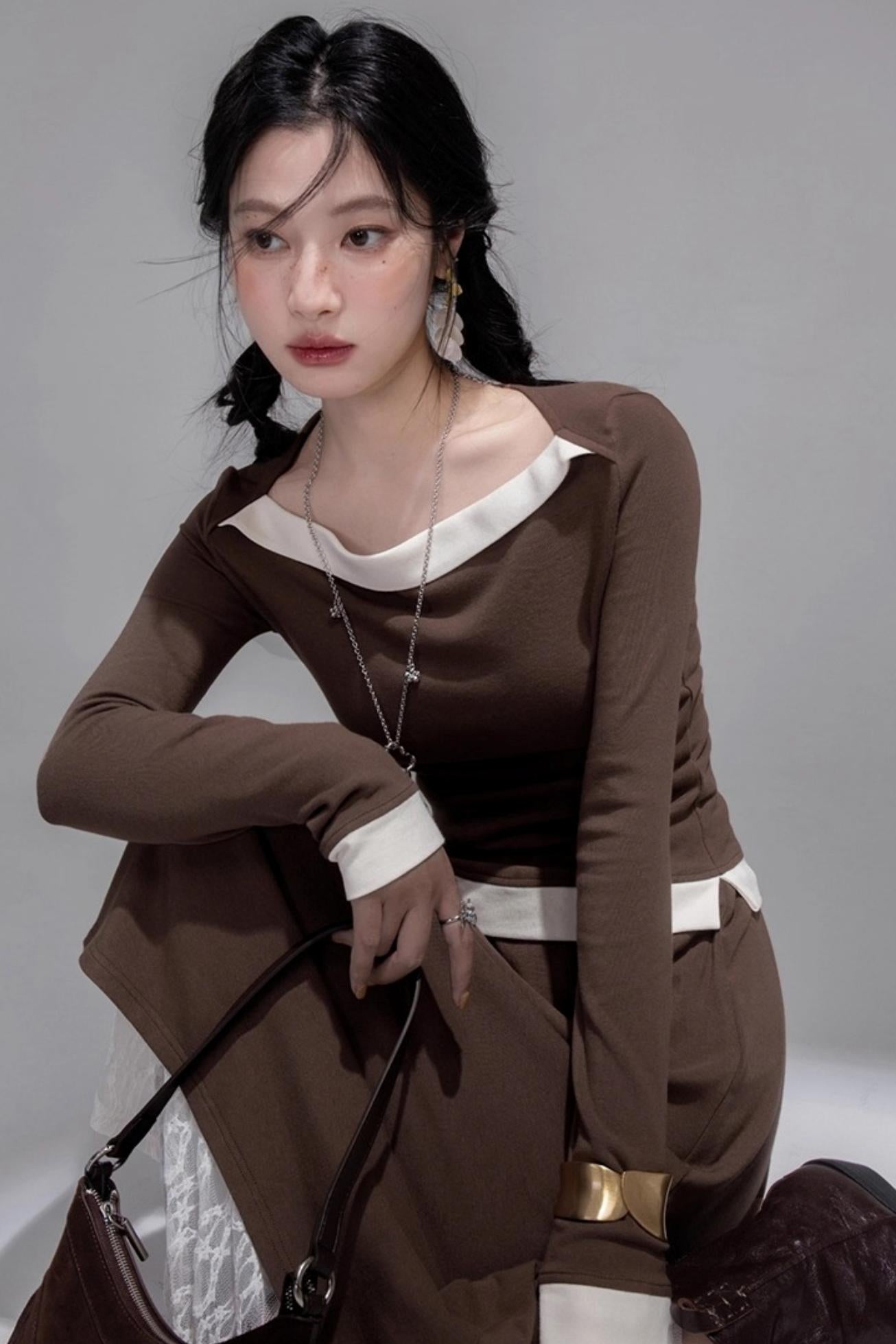 Collar Contrasting Knitted Top & Skirt Set