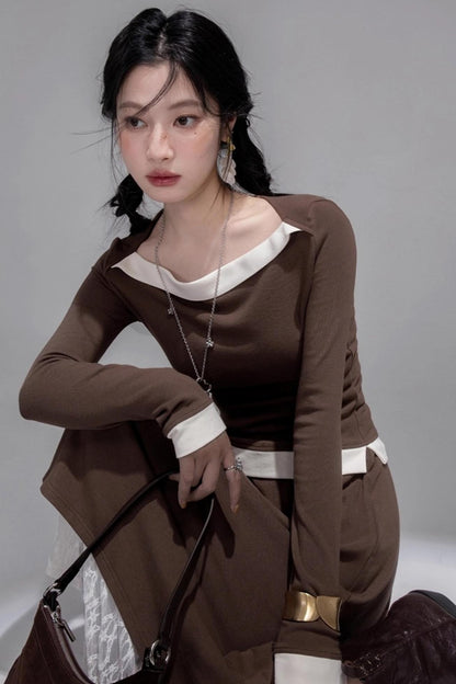 Collar Contrasting Knitted Top & Skirt Set