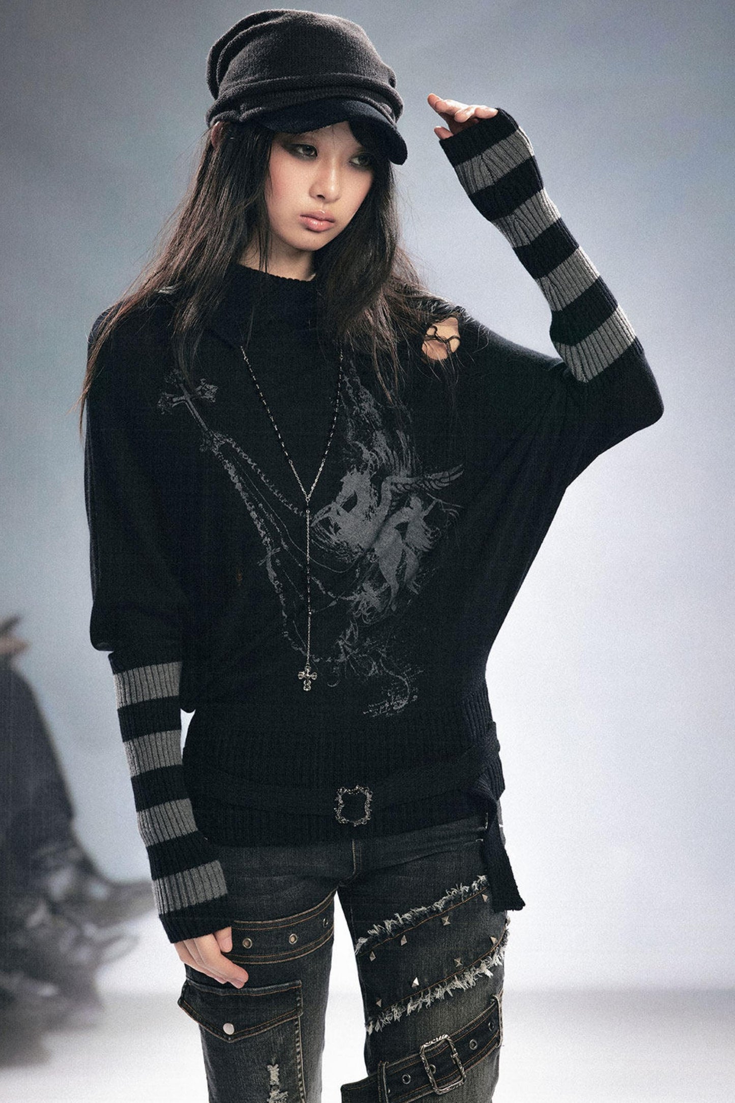 Striped Batwing Sleeve Sweater