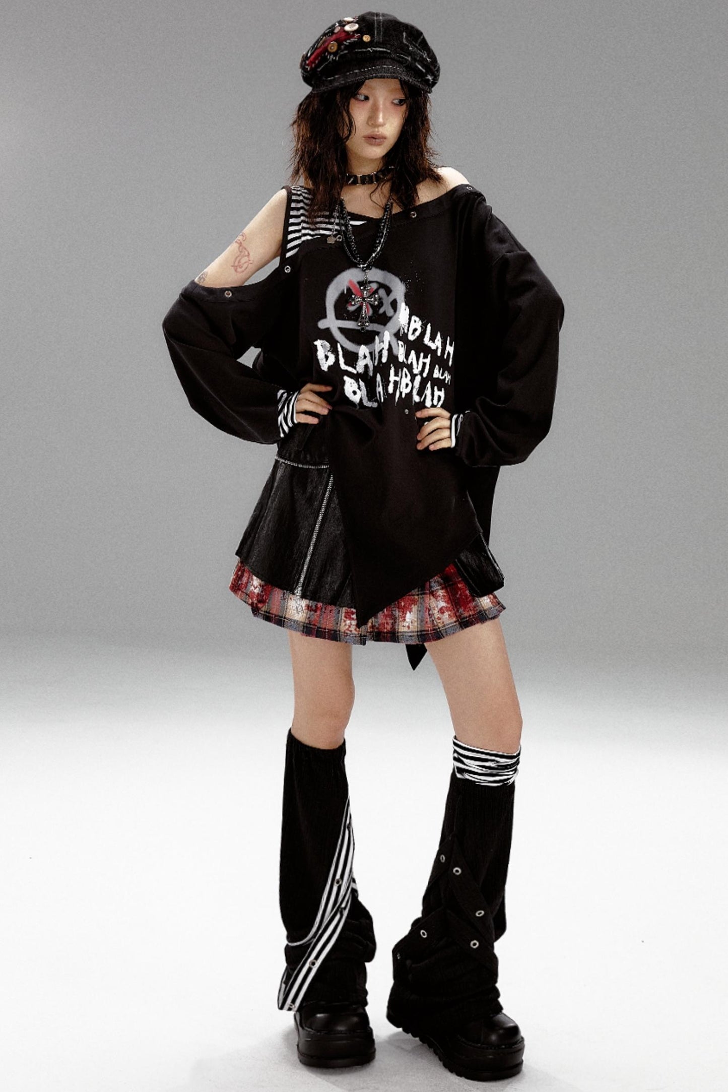 Punk Striped Dropped Shoulders T-Shirt