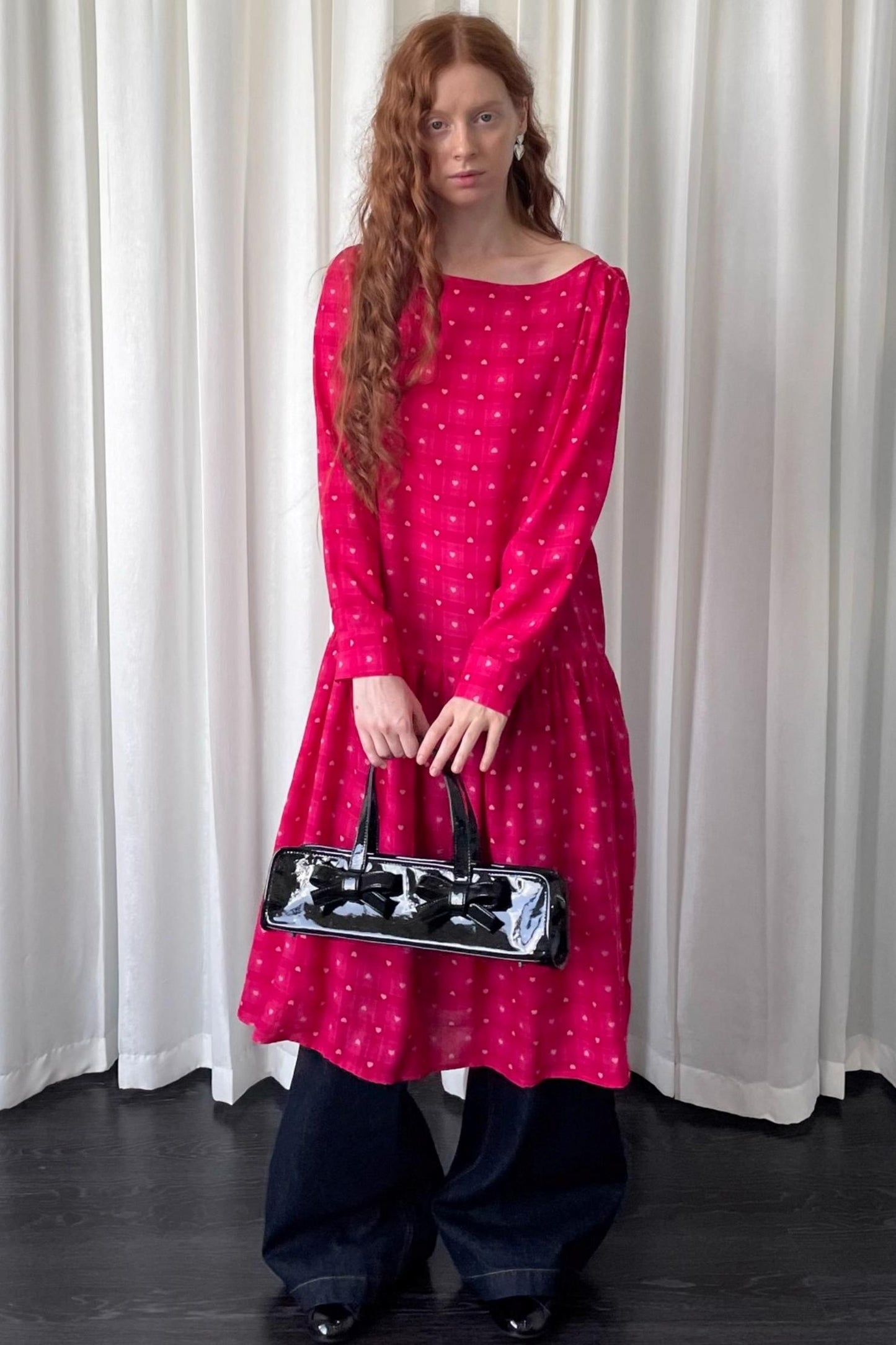Smell Love Bow Rose Red Plaid Long Sleeve Dress
