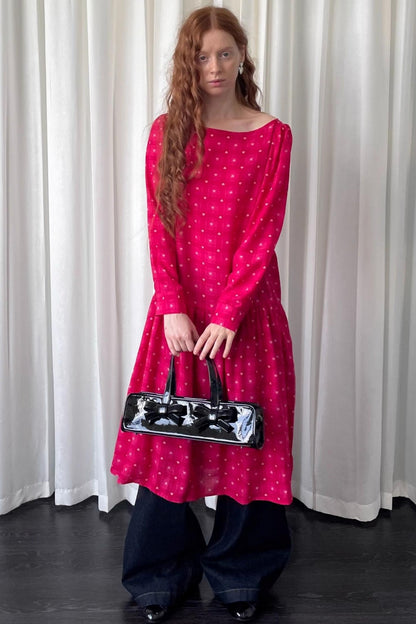 Smell Love Bow Rose Red Plaid Long Sleeve Dress