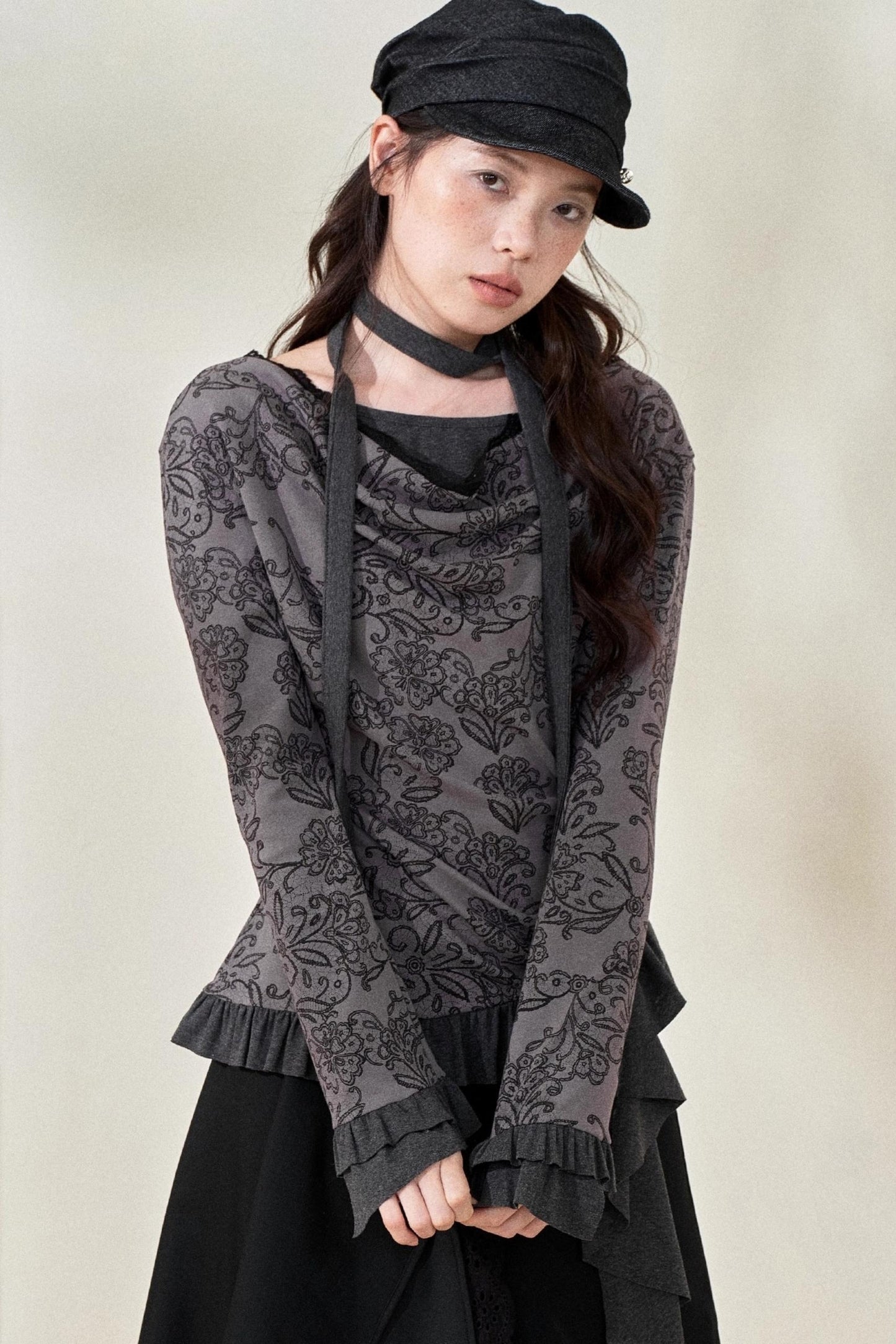 Swing Collar Ruffled Floral Lace Top