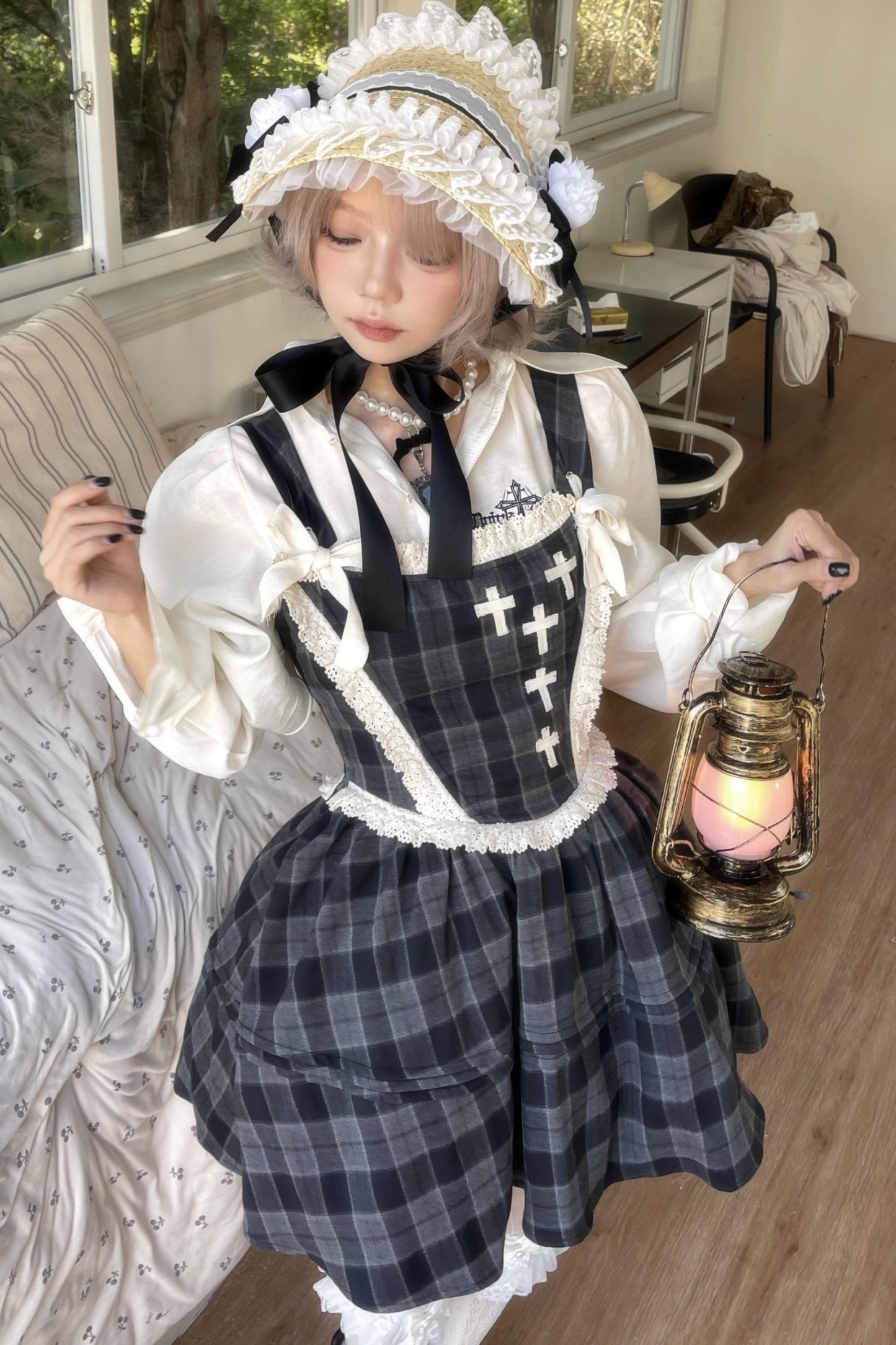 Gray Plaid Waist Cinched Herringbone Lace Bow Tie Dress Set-Up