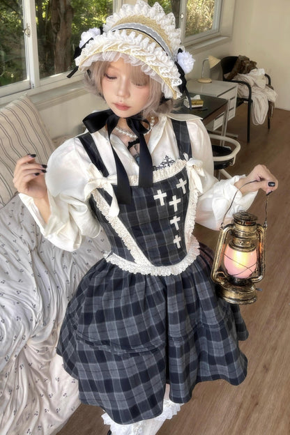 Gray Plaid Waist Cinched Herringbone Lace Bow Tie Dress Set-Up