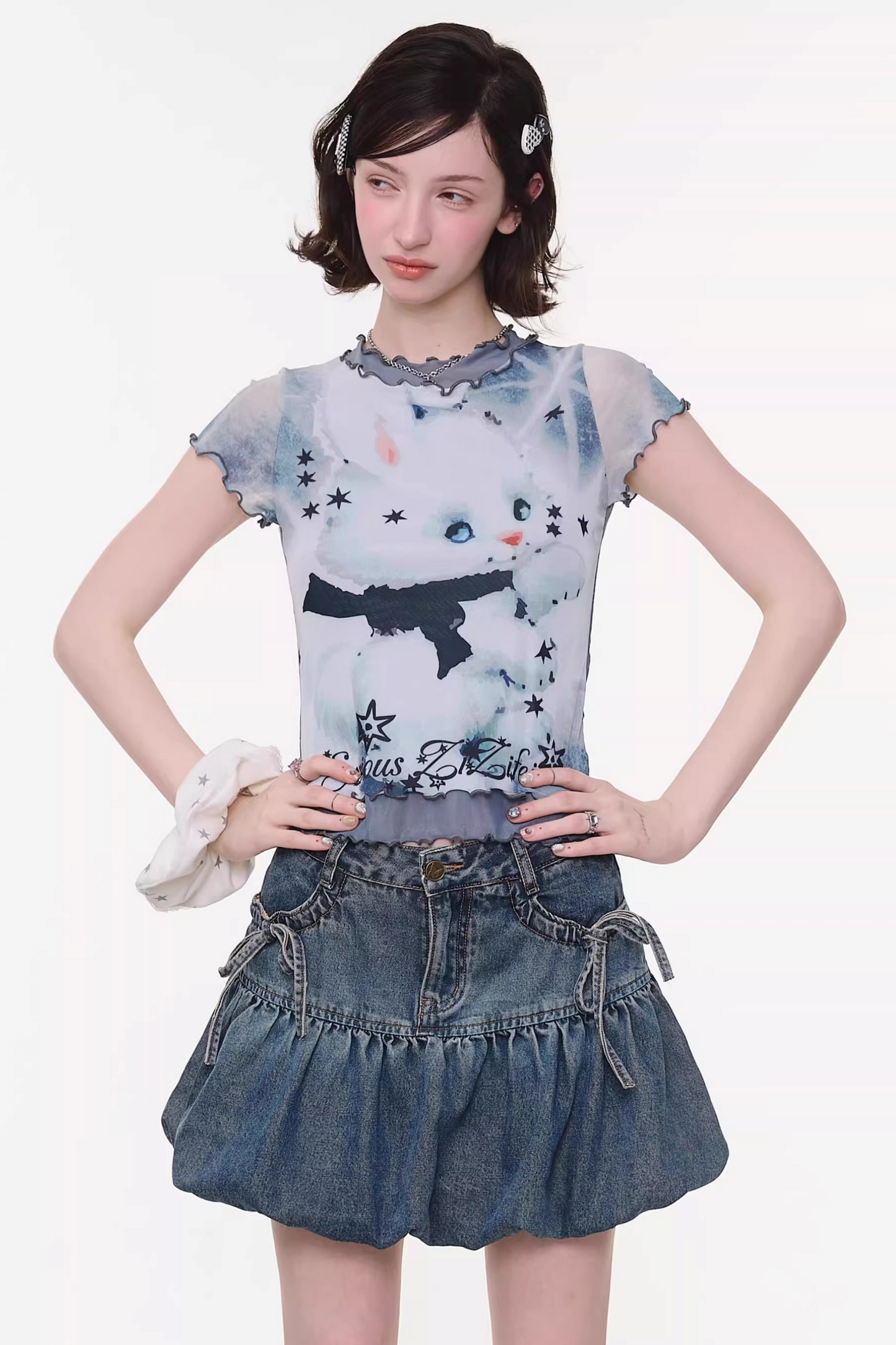 Mesh Plaid Cat Print Top