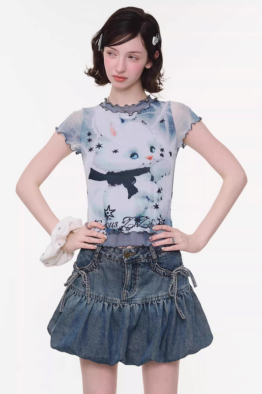 Mesh Plaid Cat Print Top