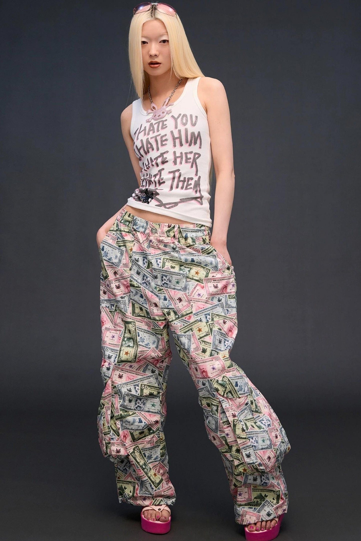 Money Print Wide-Leg Pants