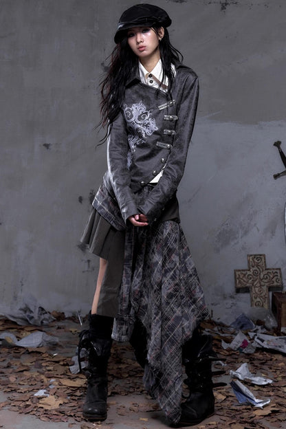 Vintage Slanted Placket Printed Leather Shirt