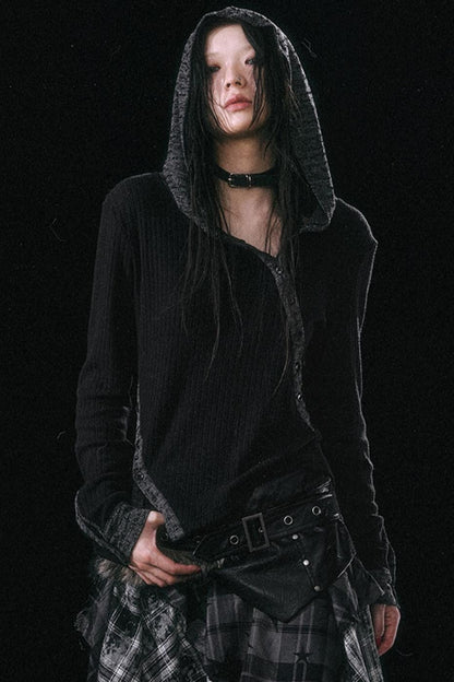 Black and Gray Knitted Hooded Slim Top