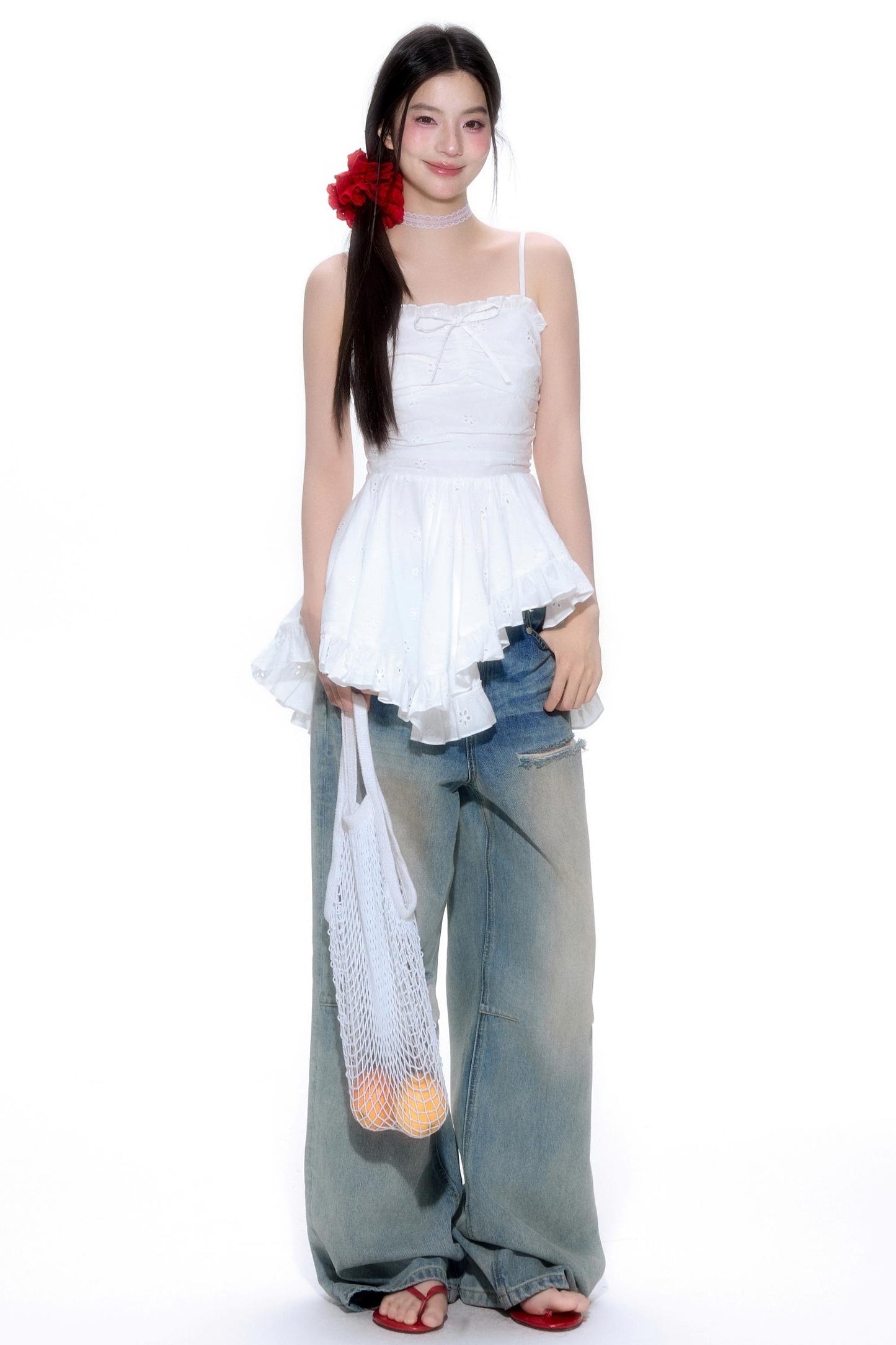 Hollow Lace Halter Top Jeans Set-Up