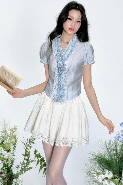 Gray Blue Floral Pleated Blouse