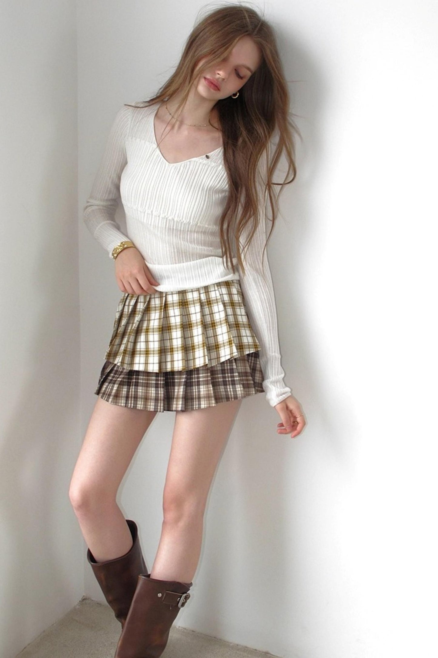 Plaid Splicing Pleated Skirt