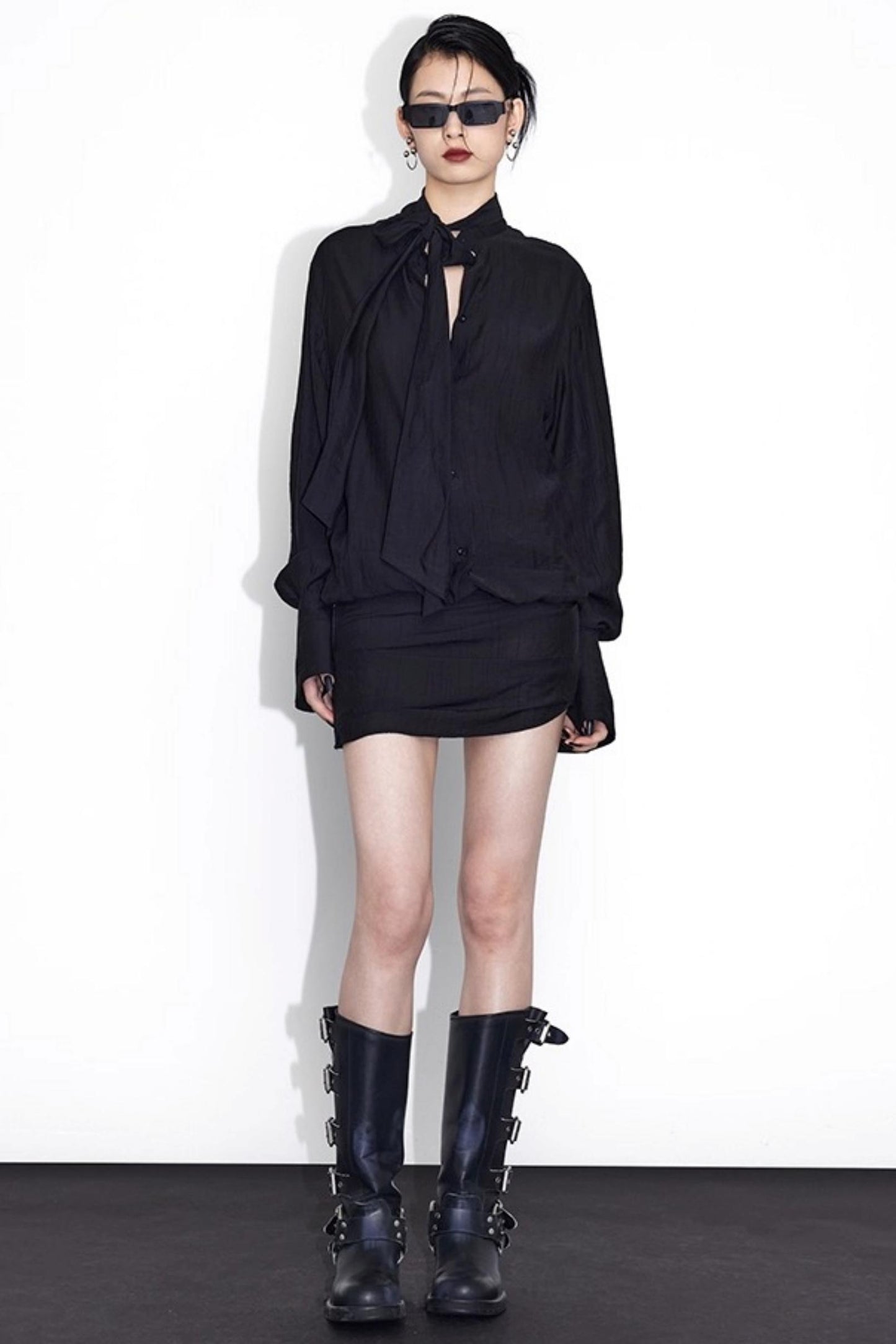 Streamer Black Drape Shirt Dress
