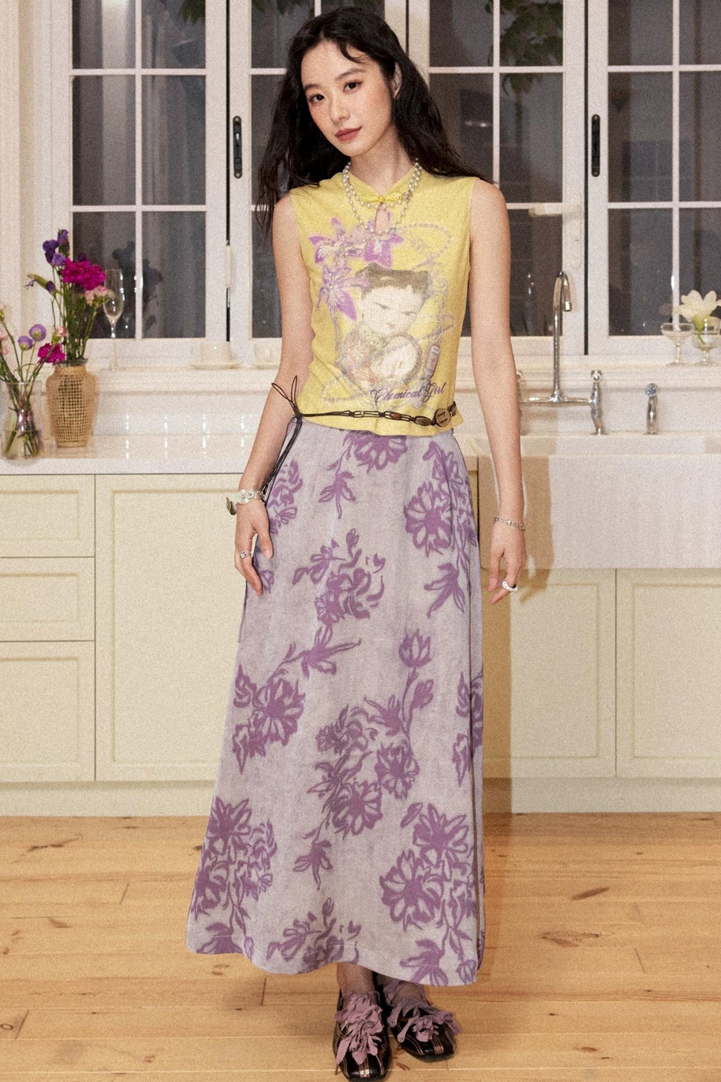 Neon Floral Slit Skirt