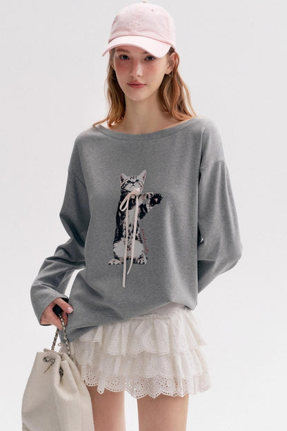 Lazy Kitten-print Long-sleeved T-shirt
