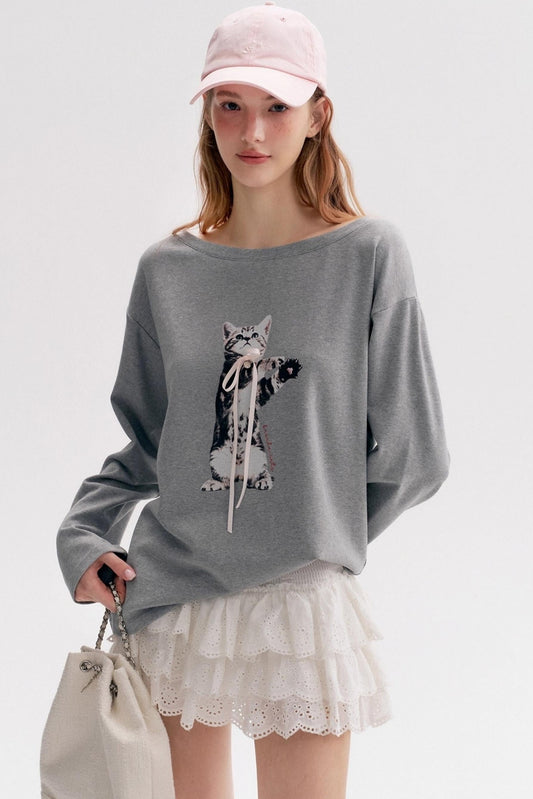Lazy Kitten-print Long-sleeved T-shirt