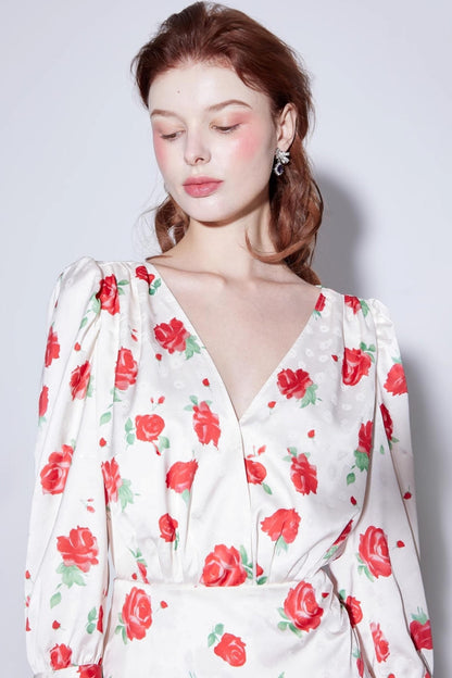 Satin Rose Jacquard V-Neck Dress