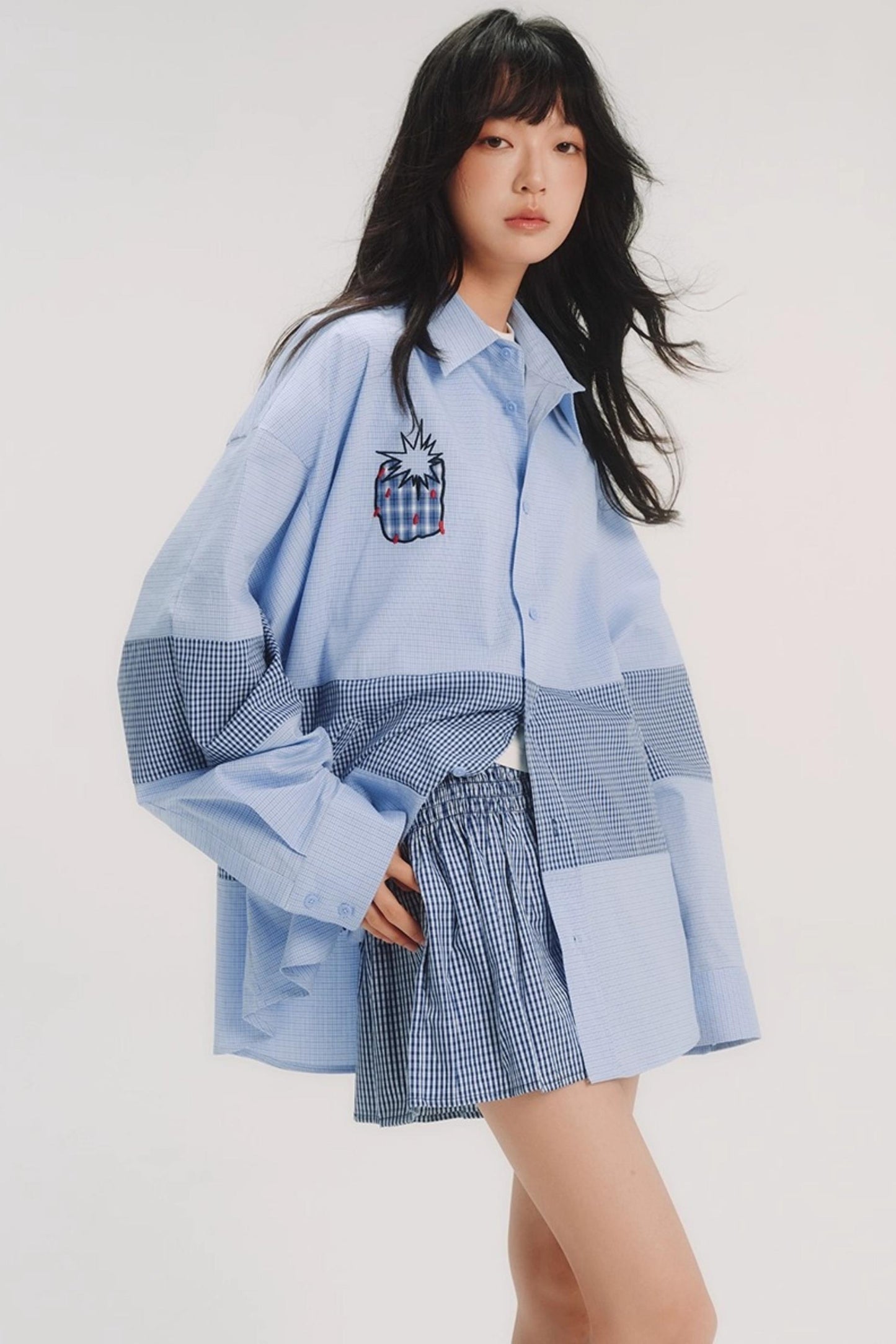 Blue Check Stitch Applique Shirt