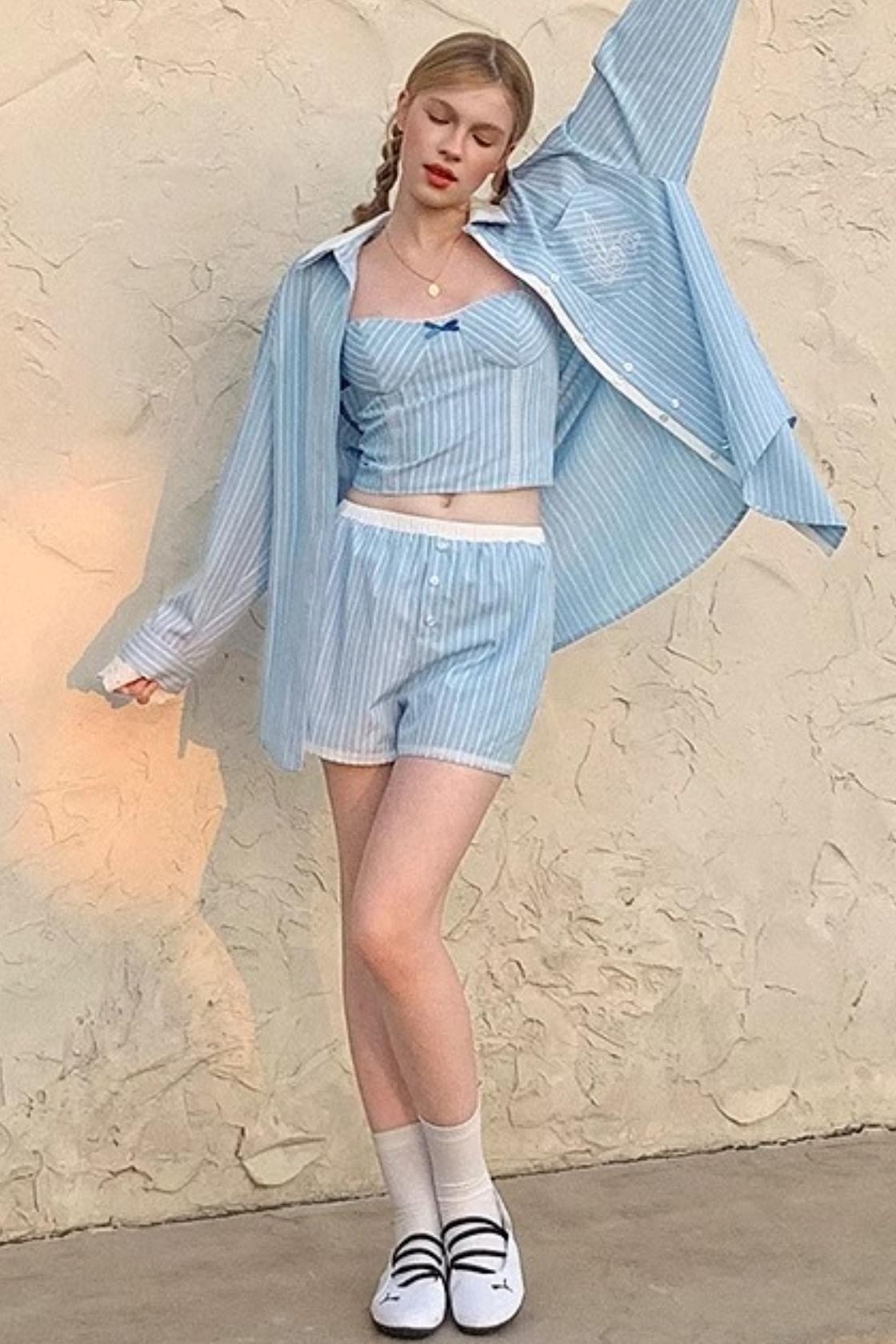 Blue Striped Lace Cami & Shorts Set-Up