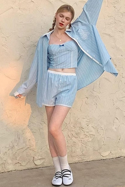 Blue Striped Lace Cami & Shorts Set-Up