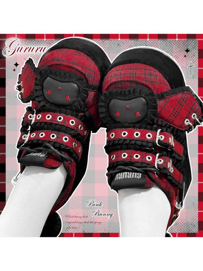 Y2K Black Rabbit Plaid Platform Shoes