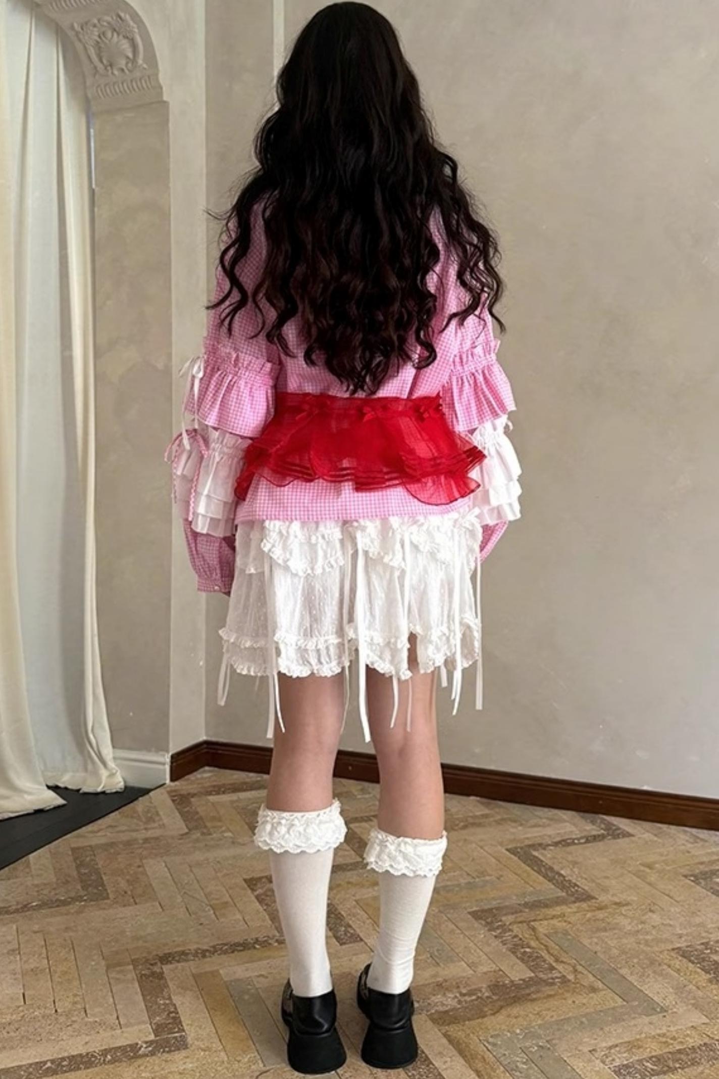 Pink-White Plaid Lace Shirt