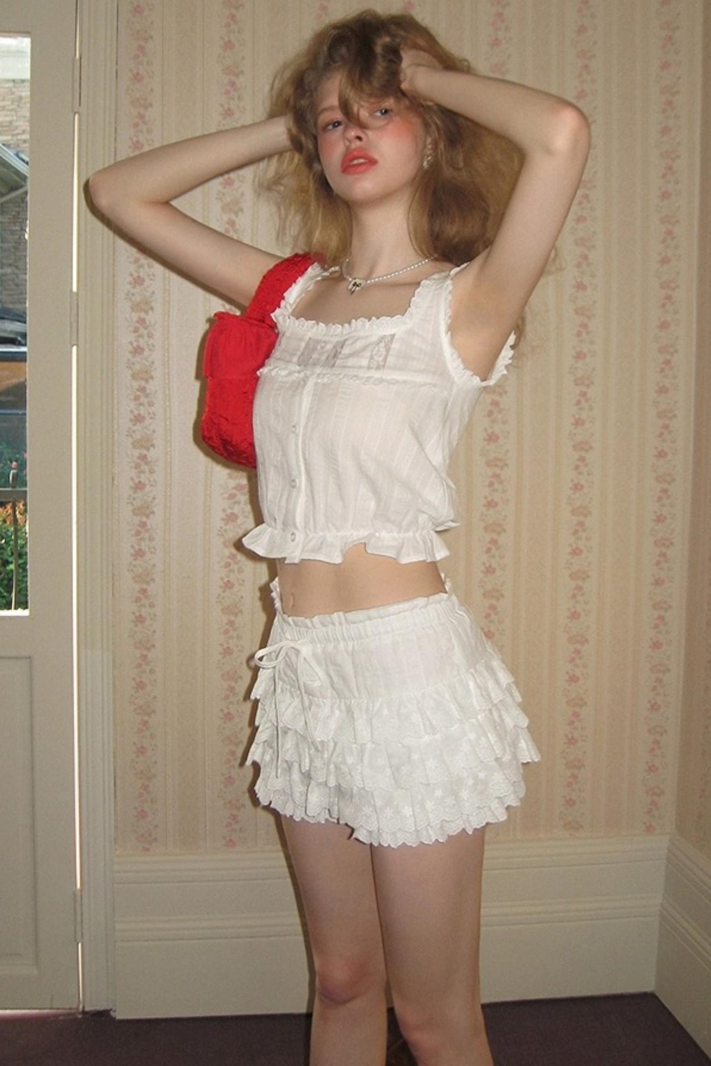 Square-Neck Vest Cropped A-Line Puffed Skirt Set-Up